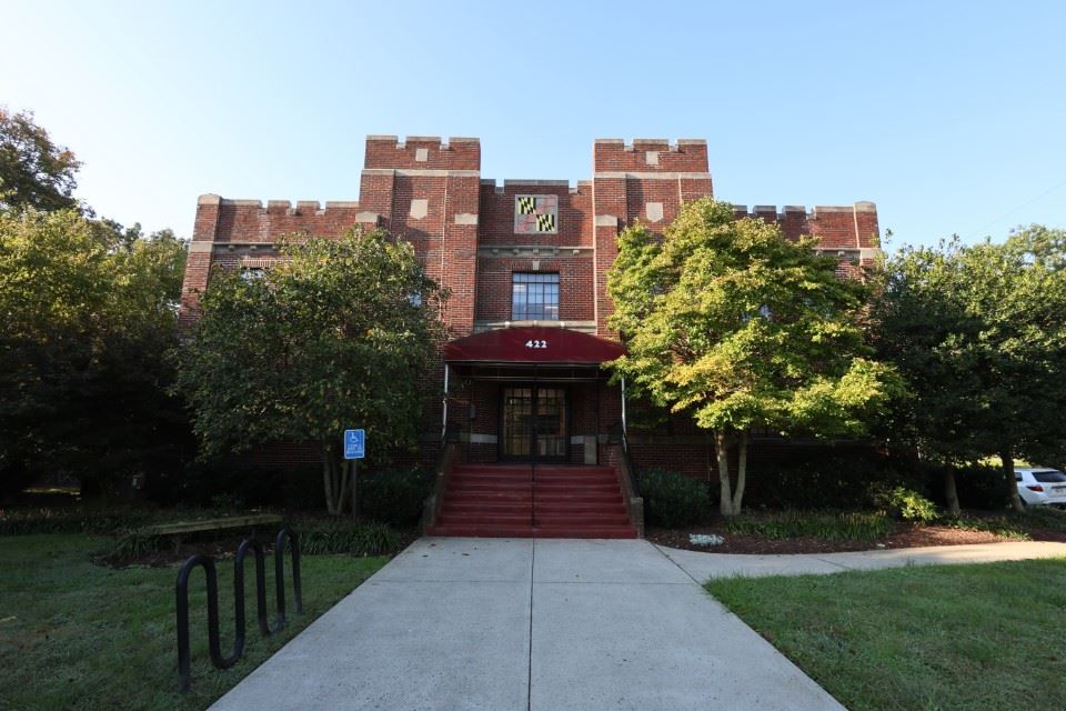 Laurel Armory, large brick building entrance