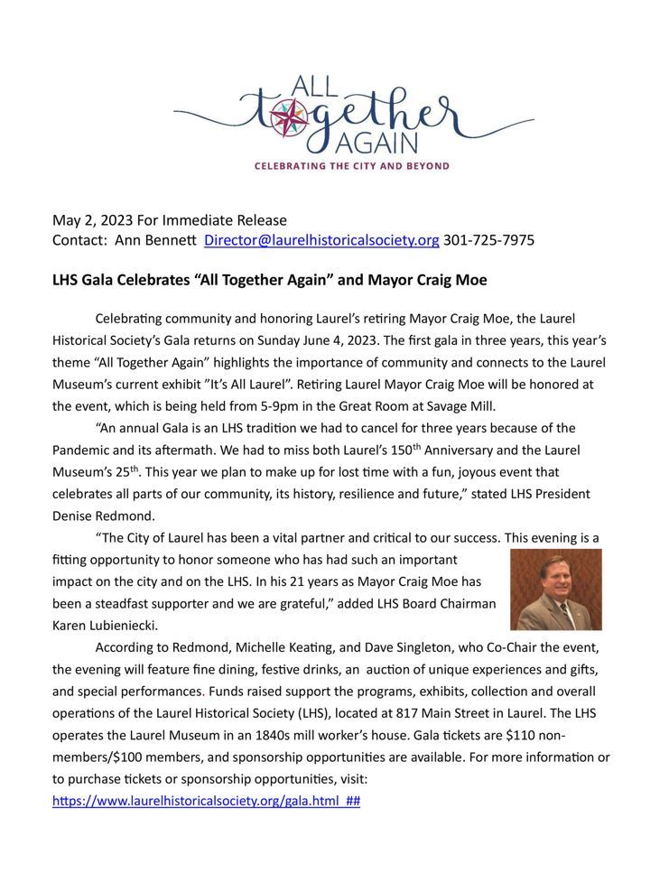 Laurel Historical Society Gala Press Release Honoring Mayor Moe